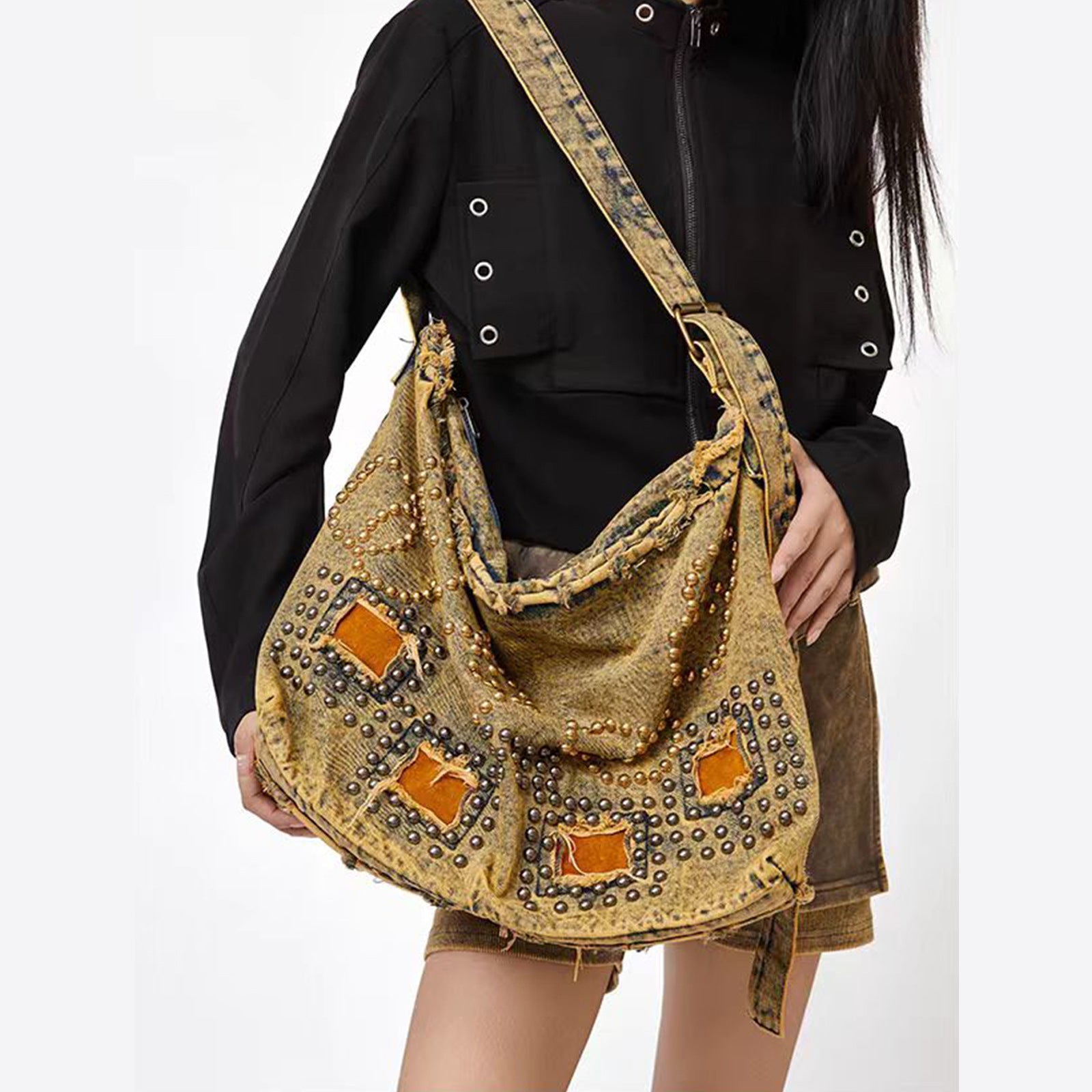 Large capacity hobo shoulder tote bag, retro denim bag, stylish crossbody bag, rivet design shoulder bag - -