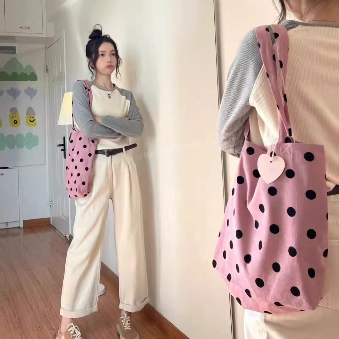 Spring cute polka dot hobo bag, versatile student large capacity shouder tote, design canvas hobo bag - -