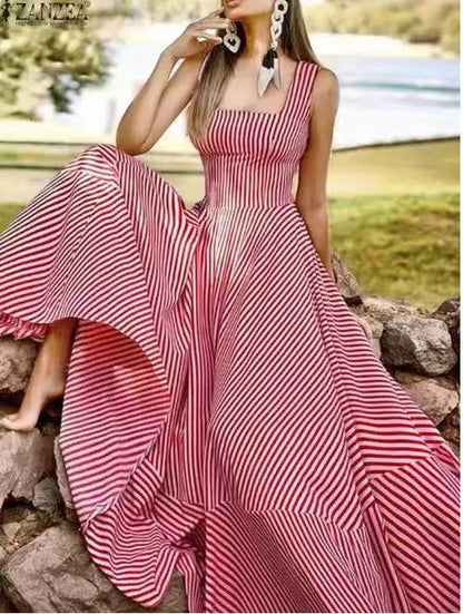 Summer Fashion Striped Tank Dress – Flared Tie-Waist Midi - -