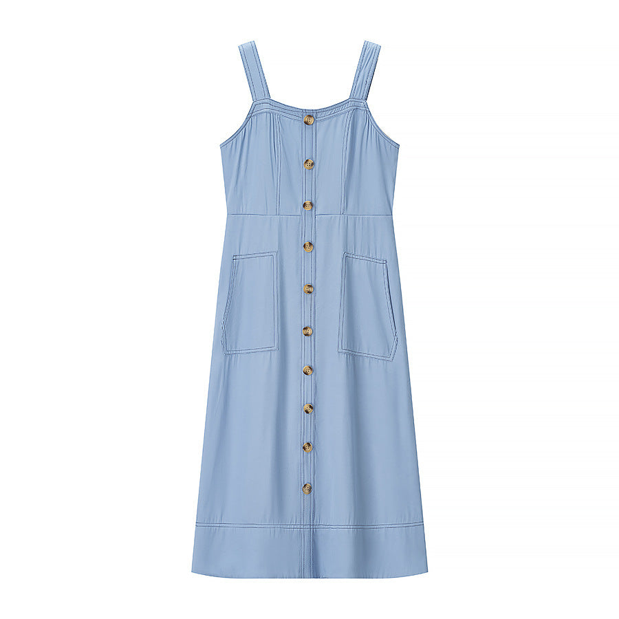 Denim medium and long dress, suspender backless temperament commuter dress - -