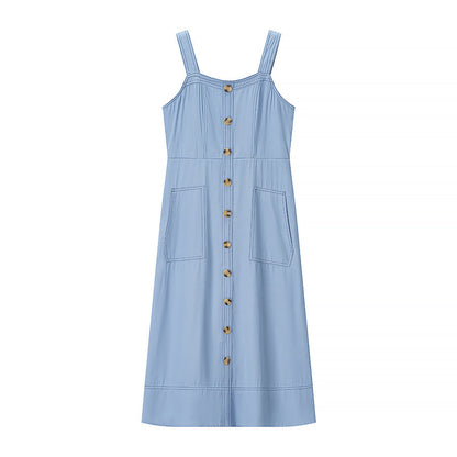 Denim medium and long dress, suspender backless temperament commuter dress - -