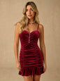 Red Velvet Spaghetti Strap Ruffled Waist Dress - Burgundy - dress