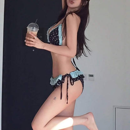 Sexy Bikini Two Piece Set Polka Dot Contrast Color Ruffled Splicing Swimsuit for Women - -