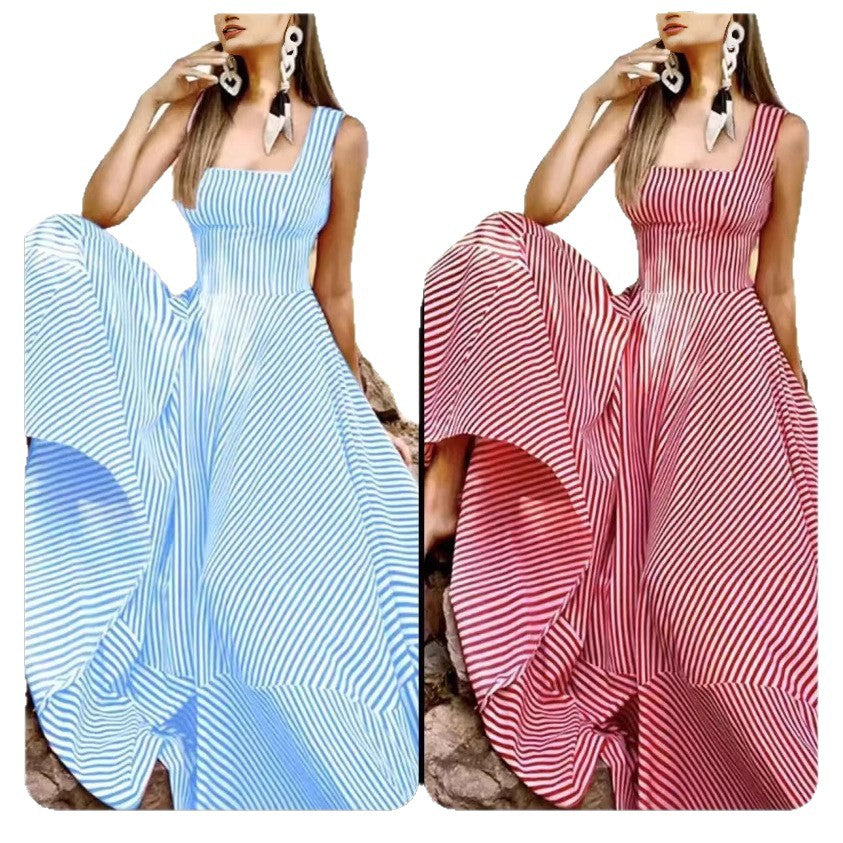 Summer Fashion Striped Tank Dress – Flared Tie-Waist Midi - -