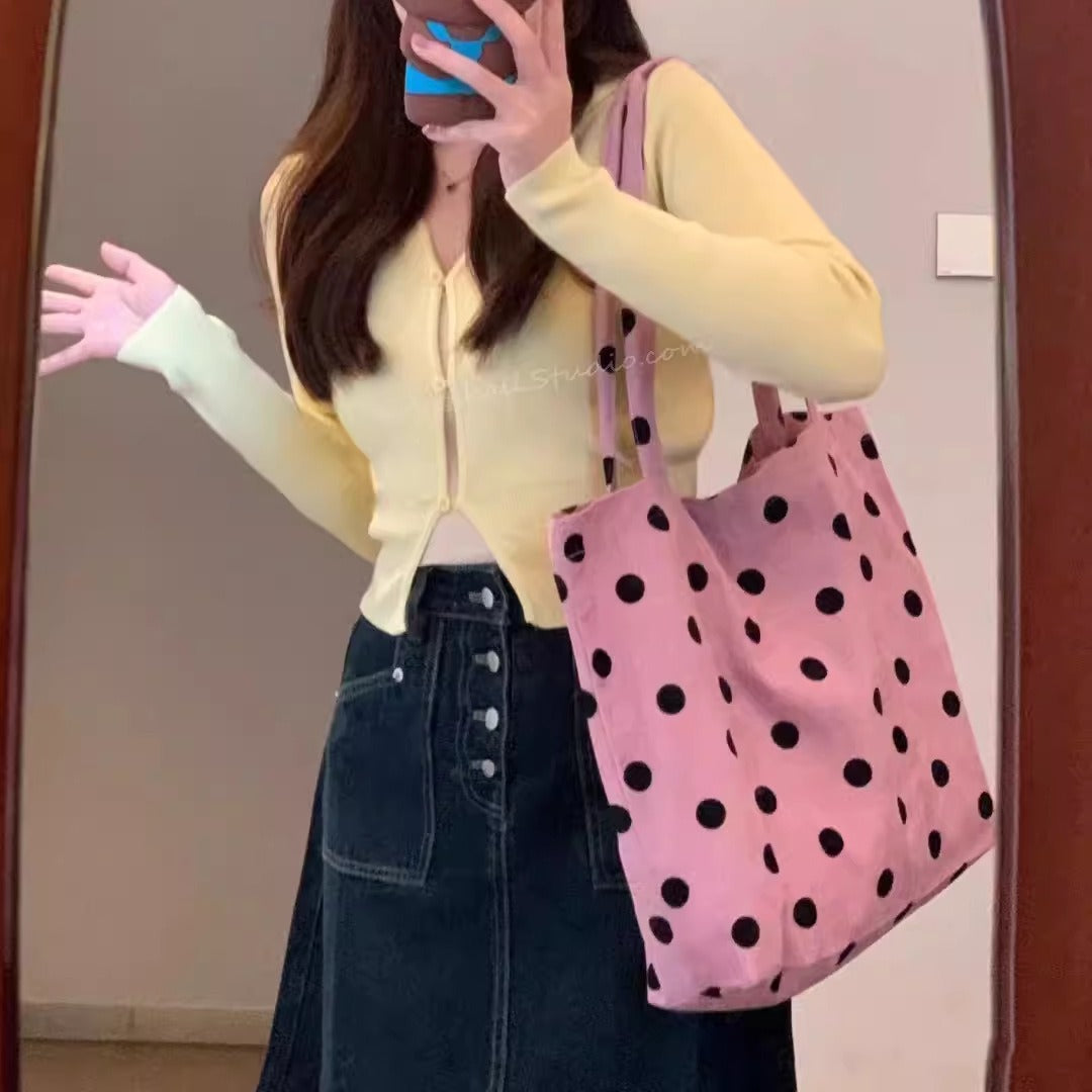Spring cute polka dot hobo bag, versatile student large capacity shouder tote, design canvas hobo bag - -