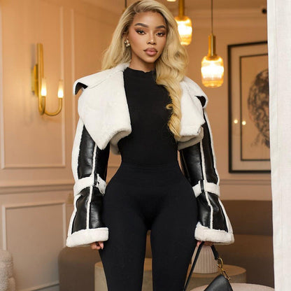 Women Clothing Street Faux Leather Stitching Short Fur Collar Cropped Coat - - Jackets