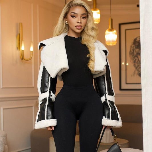 Women Clothing Street Faux Leather Stitching Short Fur Collar Cropped Coat - - Jackets