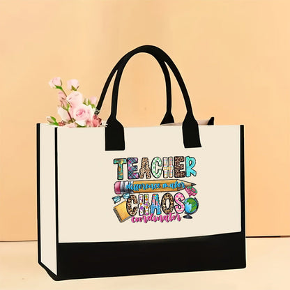 Canvas tote bag, large capacity printed tote bag women's, fashionable waterproof portable shopping bag - Teacher-7 43*13.5*30.5CM -