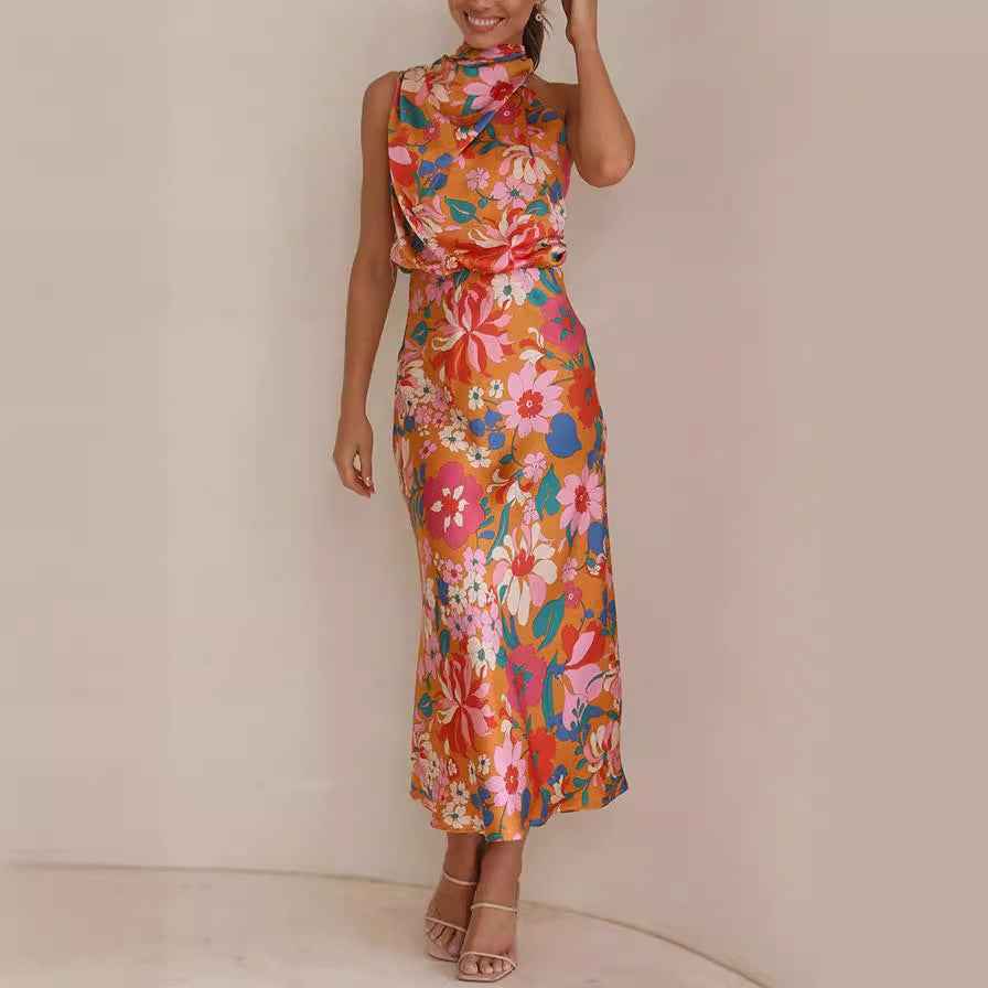 Sleeveless Strap Dress Slim Dress Satin Printing Temperament - -