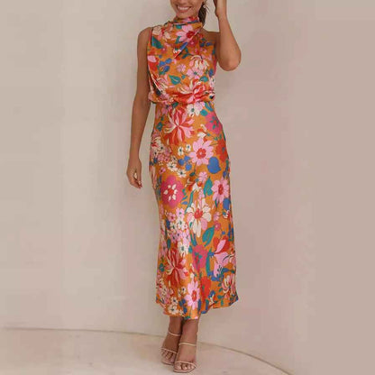Sleeveless Strap Dress Slim Dress Satin Printing Temperament - -