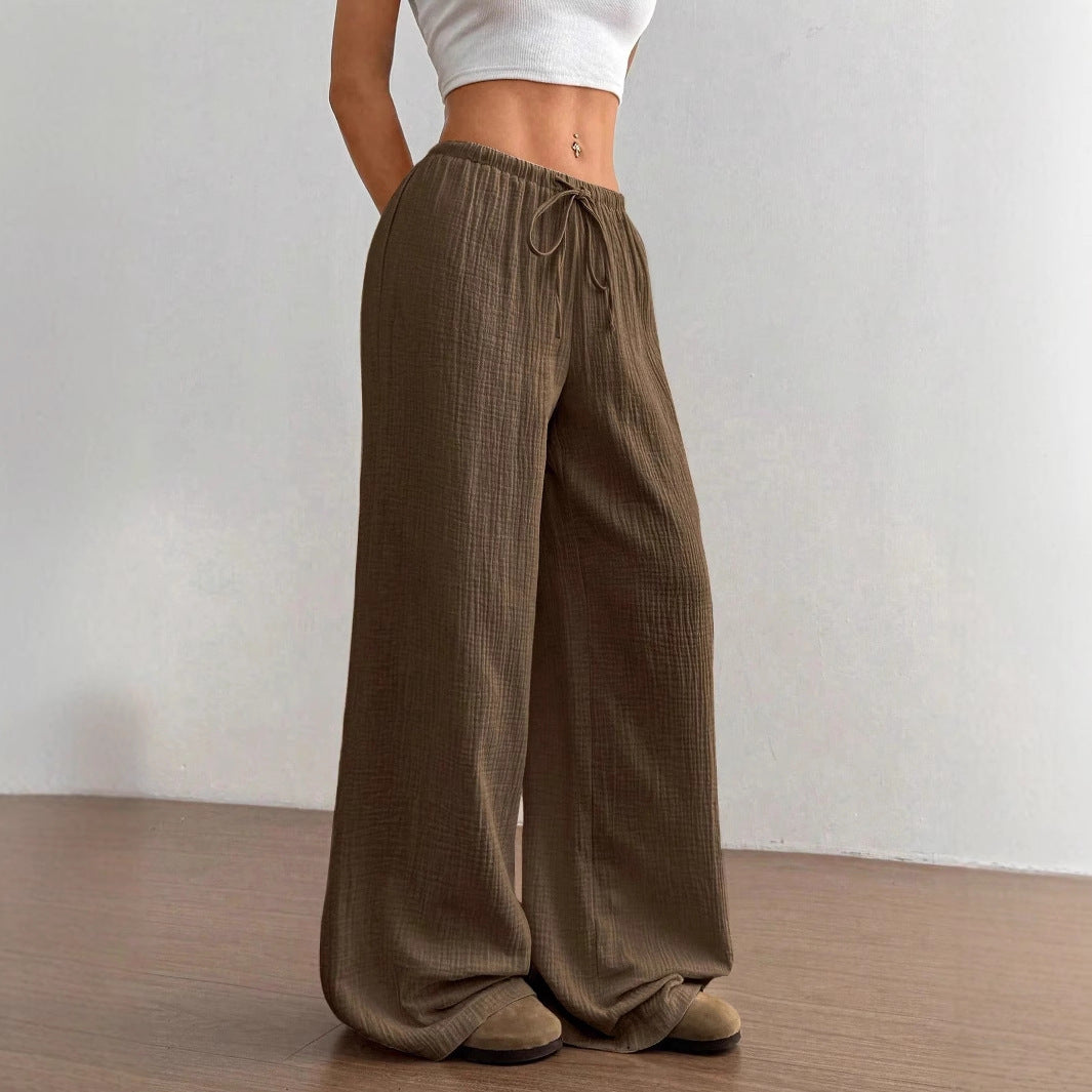 Pure Cotton Casual Solid Color Loose Wide Leg Draggle Tail Trousers - -