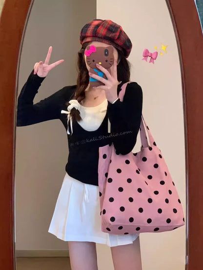 Spring cute polka dot hobo bag, versatile student large capacity shouder tote, design canvas hobo bag - pink -