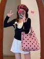 Spring cute polka dot hobo bag, versatile student large capacity shouder tote, design canvas hobo bag - pink -