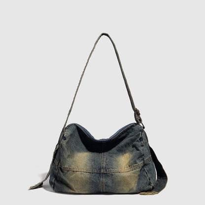 Washed old denim hobo bag, large capacity hobo shoulder bag, sweet cool babes shoulder Retro denim shoulder bag - blue -