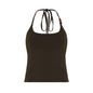 Beaded Lace up Backless Halter Top - Brown - Tops