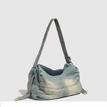 Washed old denim hobo bag, large capacity hobo shoulder bag, sweet cool babes shoulder Retro denim shoulder bag - Light blue -