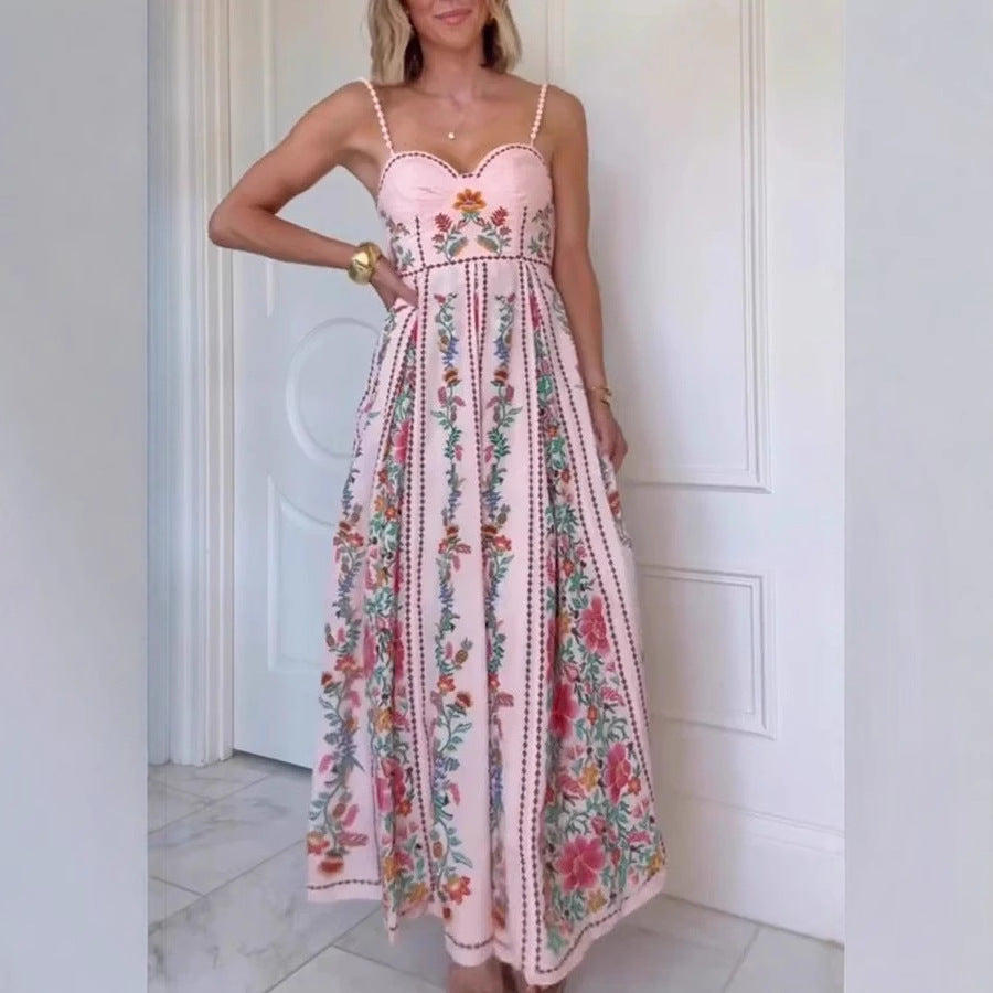 Sexy Decorative Beads Sling Positioning Print Holiday Dress Women - -
