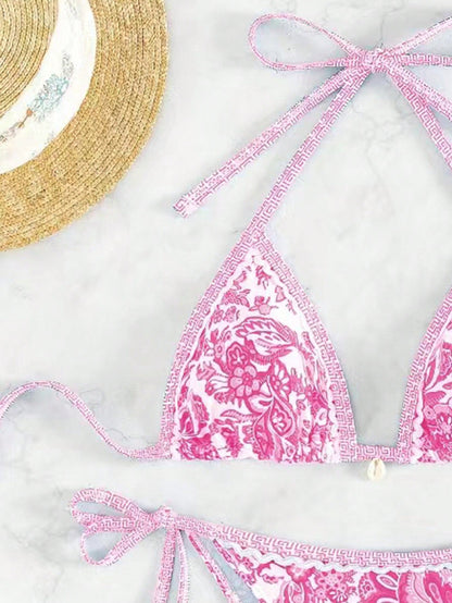 Printed Two-Piece Bikini Set with Adjustable Straps Women's Swimsuit - -