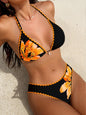 Printed Two Piece Bikini Set with Tie Swimsuit for Women - orange -