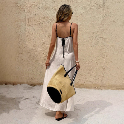 Off-the-shoulder backless solid color suspender strap-up long dress - -