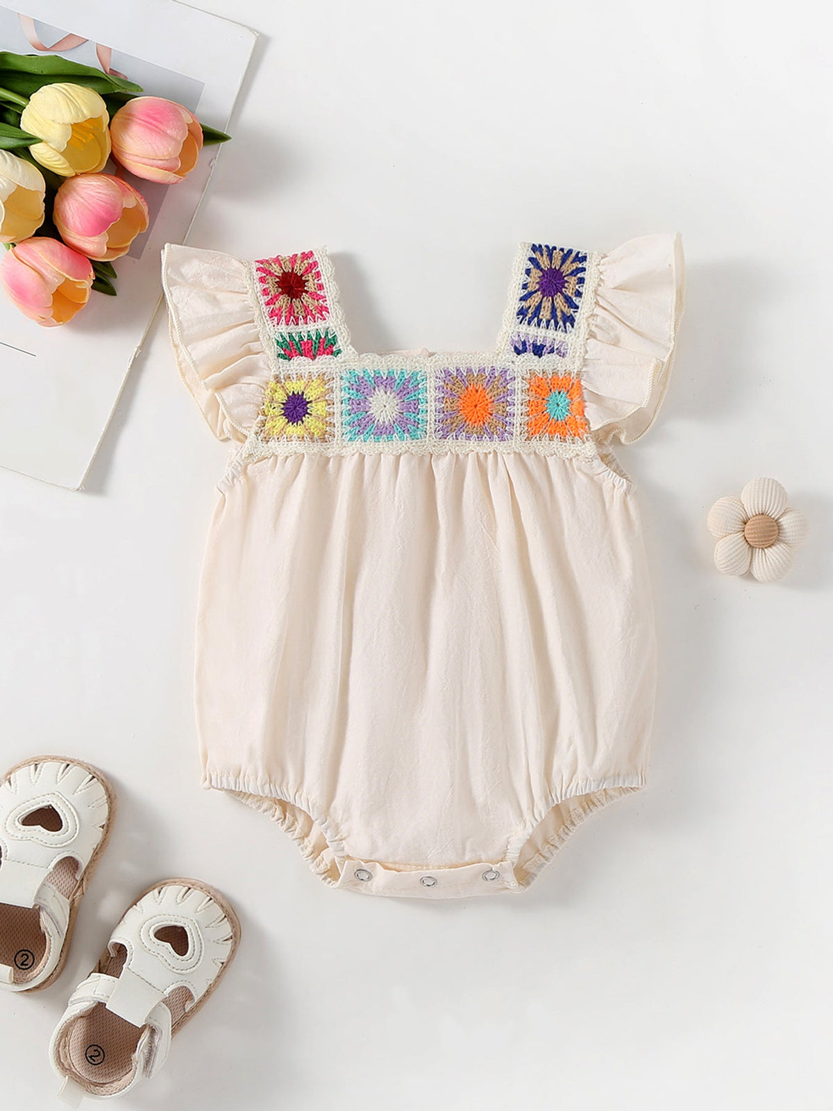 Summer Crochet Square Baby Ruffle Romper - - Romper