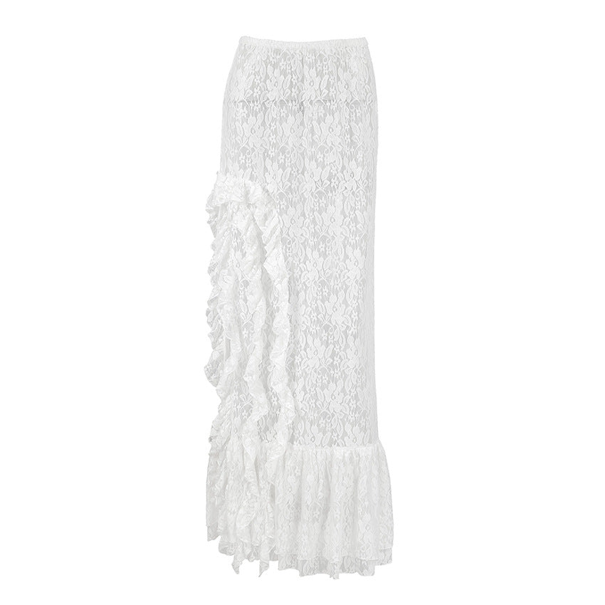 Women Commuting Wear Summer Side Slit Sexy Ruffles Atmosphere Lace See through Skirt - -