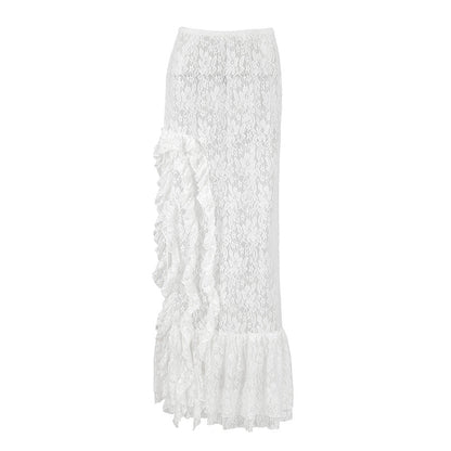 Women Commuting Wear Summer Side Slit Sexy Ruffles Atmosphere Lace See through Skirt - -
