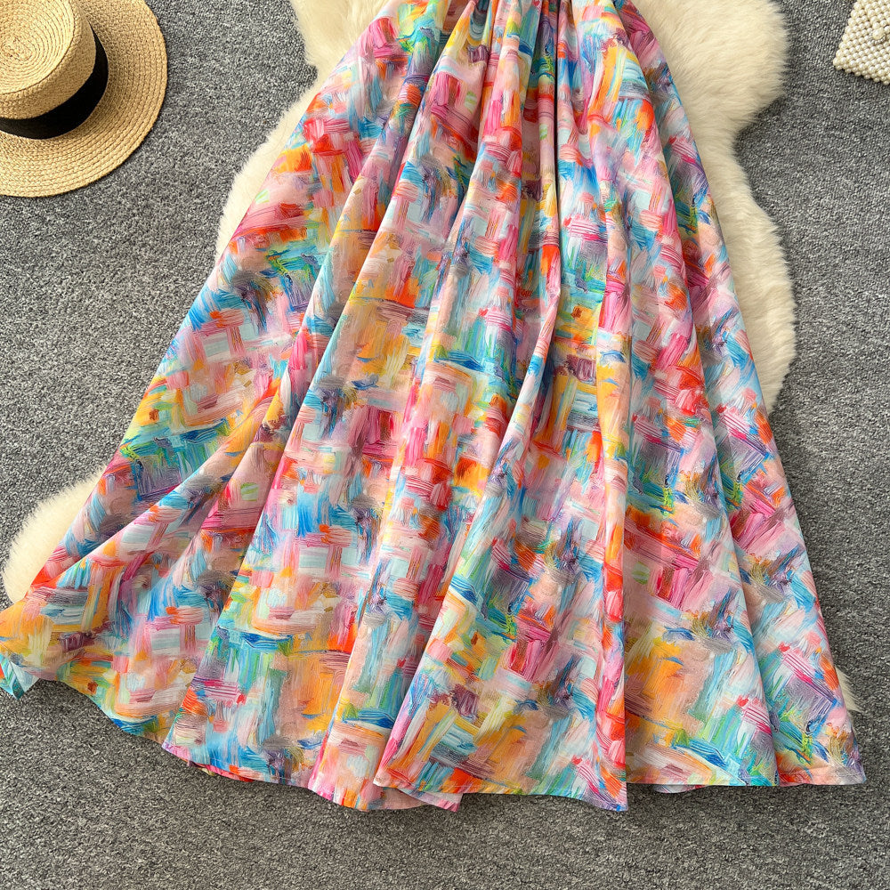 Floral Print Dress – V-Neck Adjustable Strap Midi, Spring-Summer Beach Vacation Sundress - -