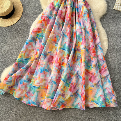 Floral Print Dress – V-Neck Adjustable Strap Midi, Spring-Summer Beach Vacation Sundress - -
