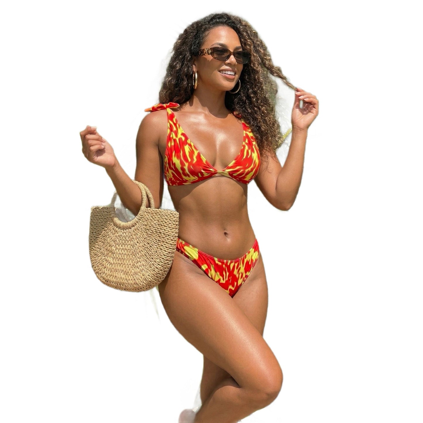 Wind Flame Print Halter Bikini Two Piece Swimsuit Women's Sexy Spicy Girl Swimwear Set - -