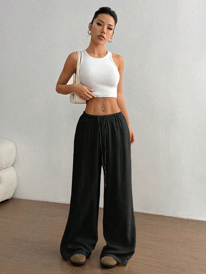 Pure Cotton Casual Solid Color Loose Wide Leg Draggle Tail Trousers - Black -