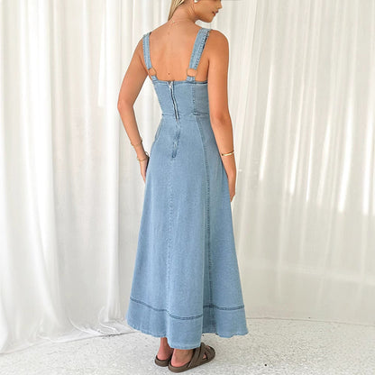 Denim medium and long dress, suspender backless temperament commuter dress - -