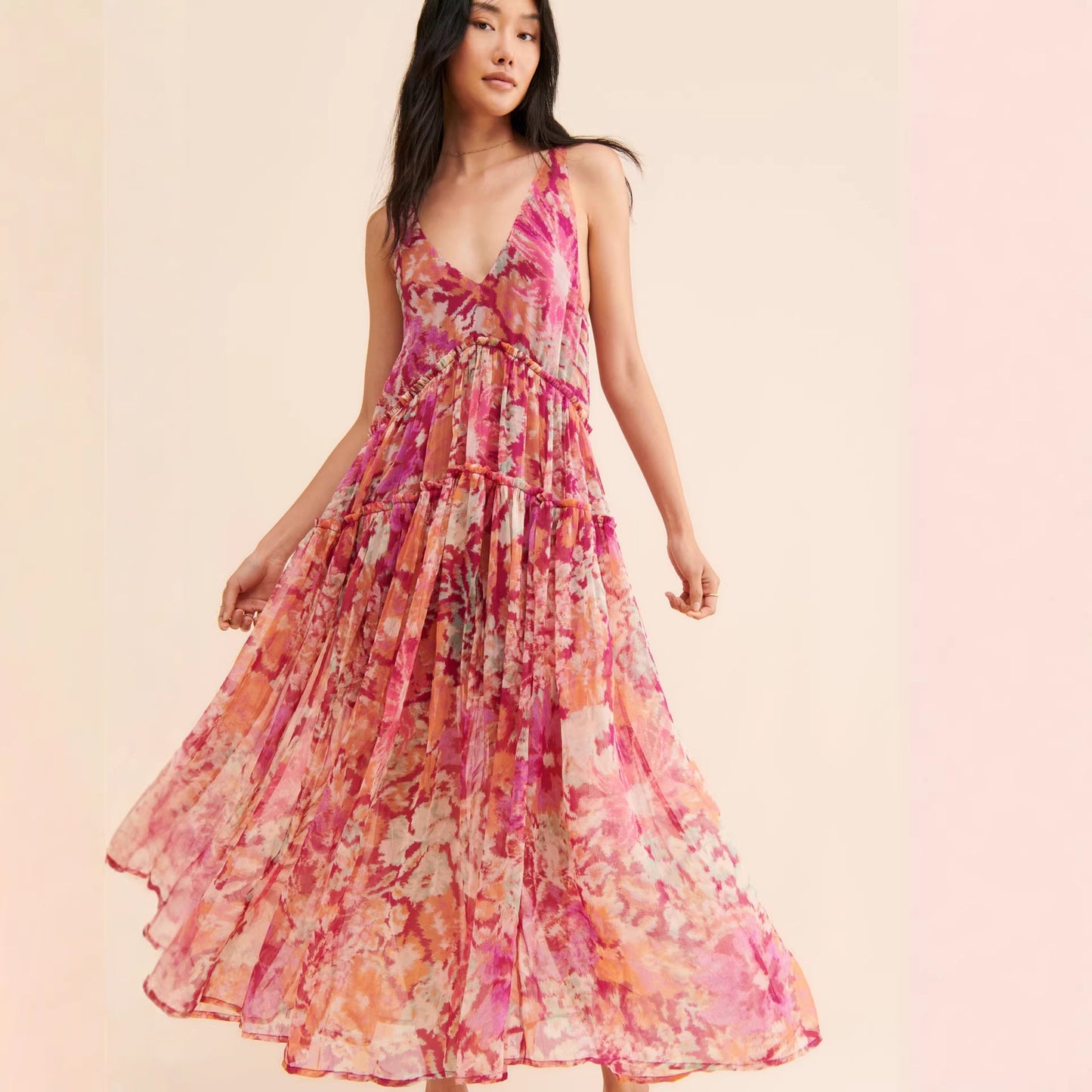 Spring Summer Women Clothing Bohemian Retro Stitching Maxi Dress - - dress