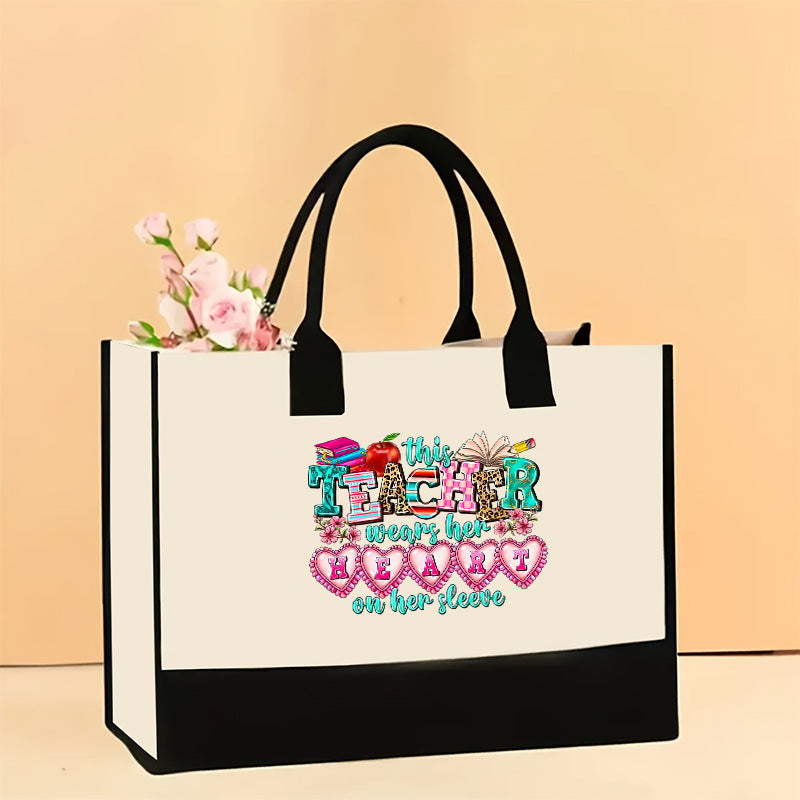 Canvas tote bag, large capacity printed tote bag women's, fashionable waterproof portable shopping bag - Teacher-16 43*13.5*30.5CM -
