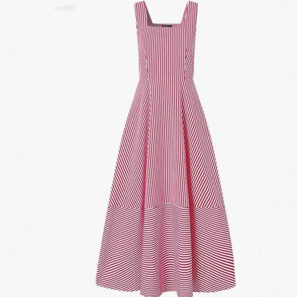 Summer Fashion Striped Tank Dress – Flared Tie-Waist Midi - -