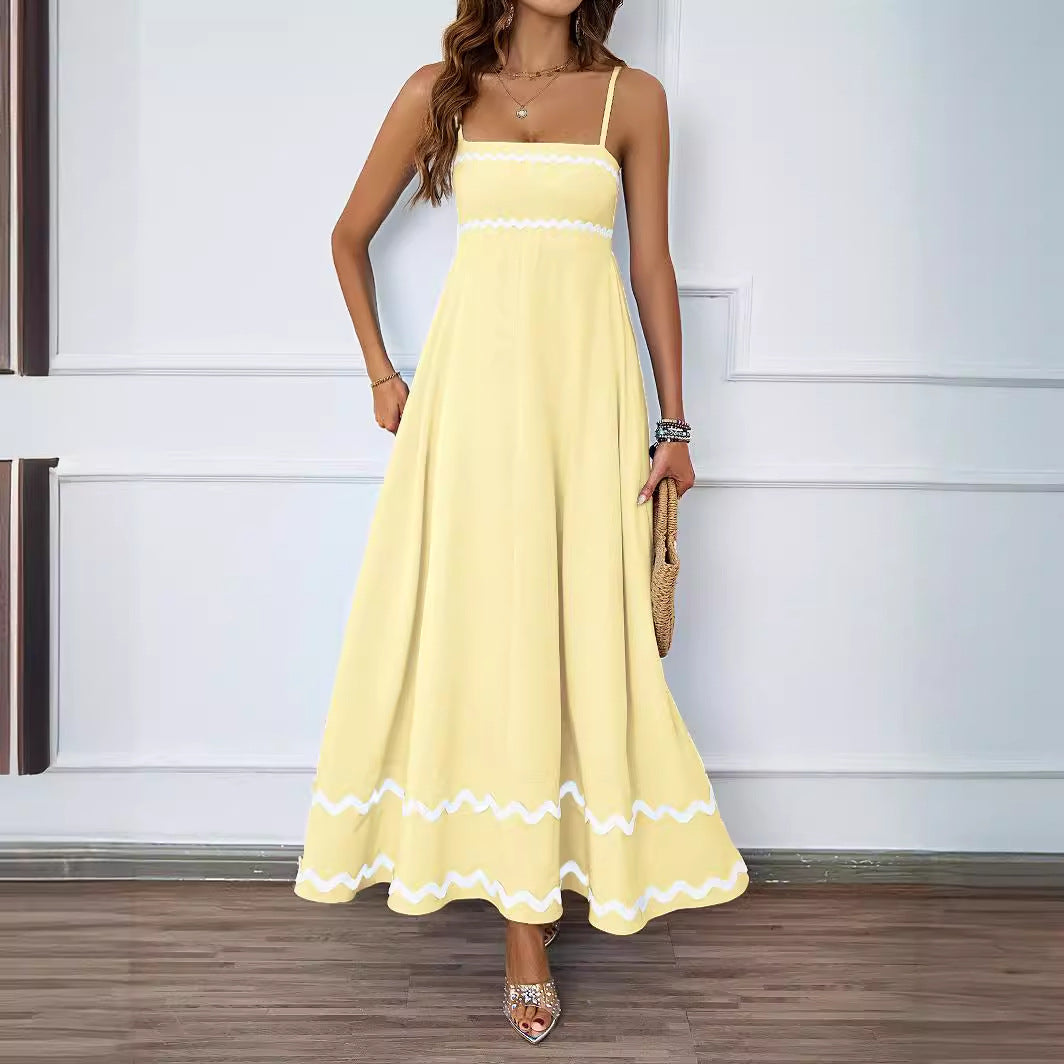 Spring and summer solid color lace splicing elegant suspender tube top super pendulum dress women - -