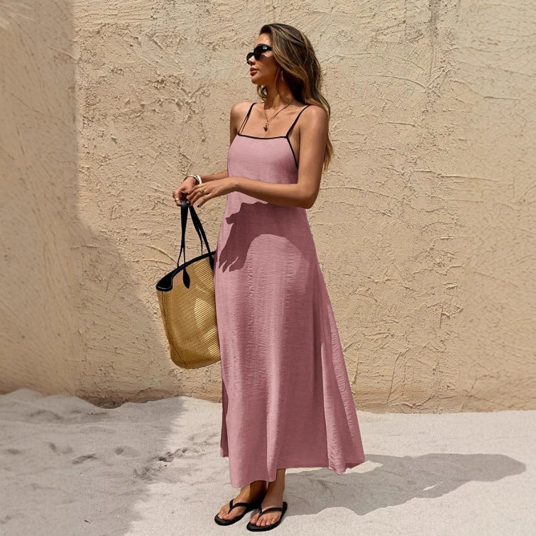 Off-the-shoulder backless solid color suspender strap-up long dress - Pink -