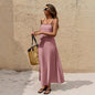 Off-the-shoulder backless solid color suspender strap-up long dress - Pink -