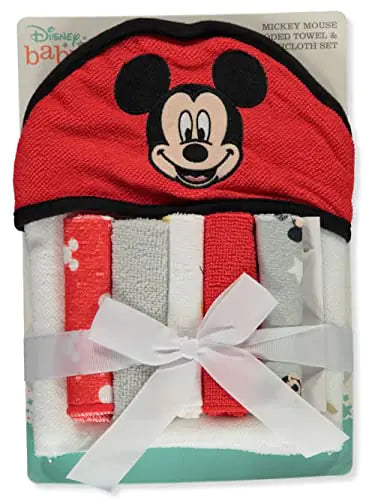 Disney Baby Mickey Mouse Happy Face Print Hooded Towel with 5 Piece Washcloth Set - Kia Day Design
