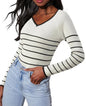 Womens White Striped V Neck Slim Fit Fitted Long Sleeve Top - Kia Day Design