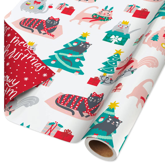 American Greetings Reversible Christmas Wrapping Paper Cats and Merry Christmas Lettering (1 Roll 175 sq. ft.) Kia Day Design