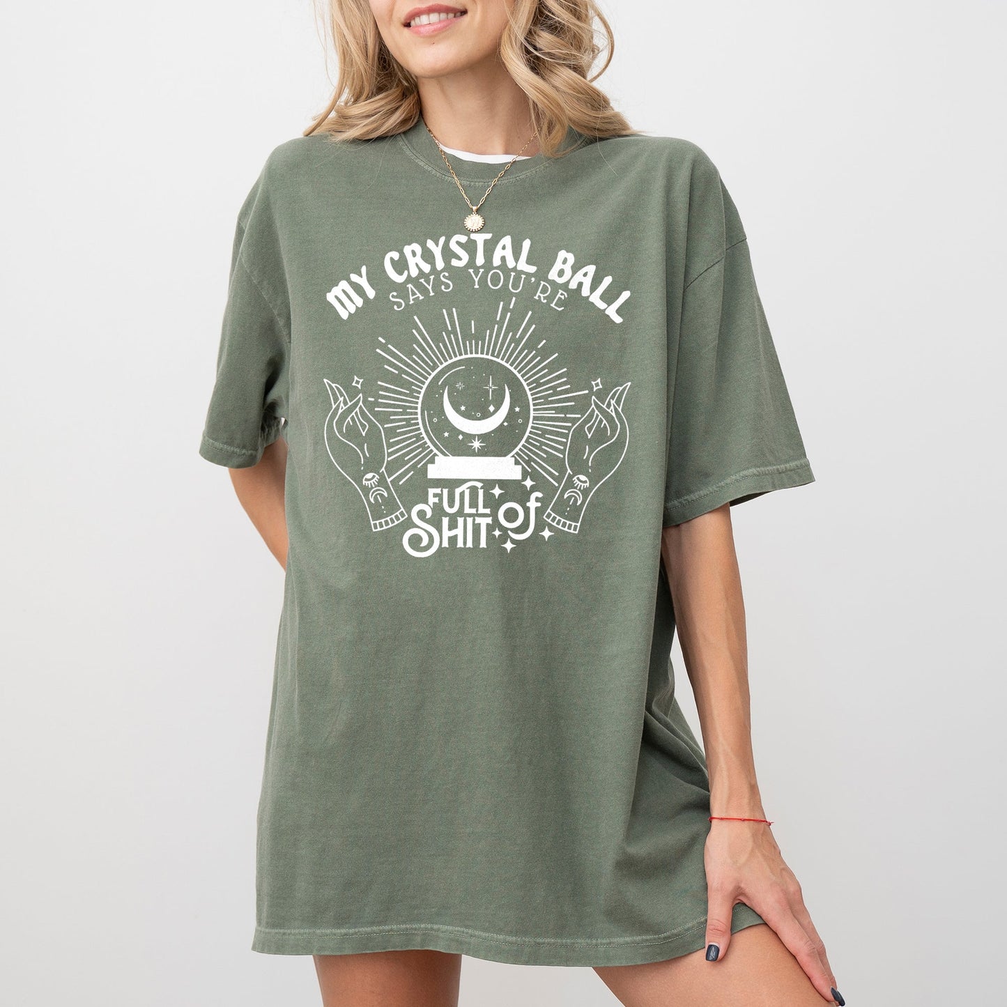 Crystal Ball Skeleton Funny Pumpkin Spooky Witch Aesthetic Meme Halloween Costume Comfort Colors Tee - Moss Green - T-Shirt