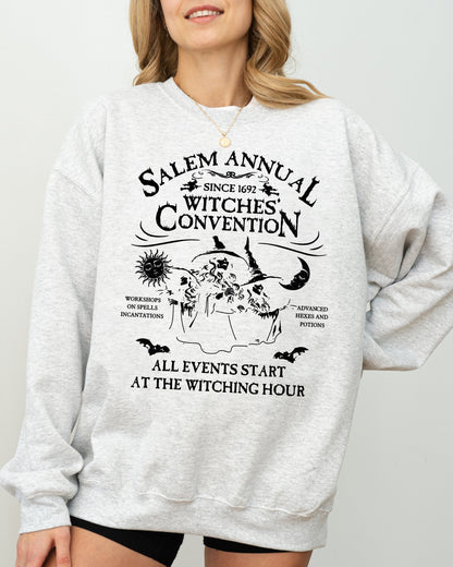 Salem Annual Witches Convention Spooky Skeleton Ghost Witch Skull Meme Halloween Costume Sweatshirt - Ash Gray - Sweatshirt