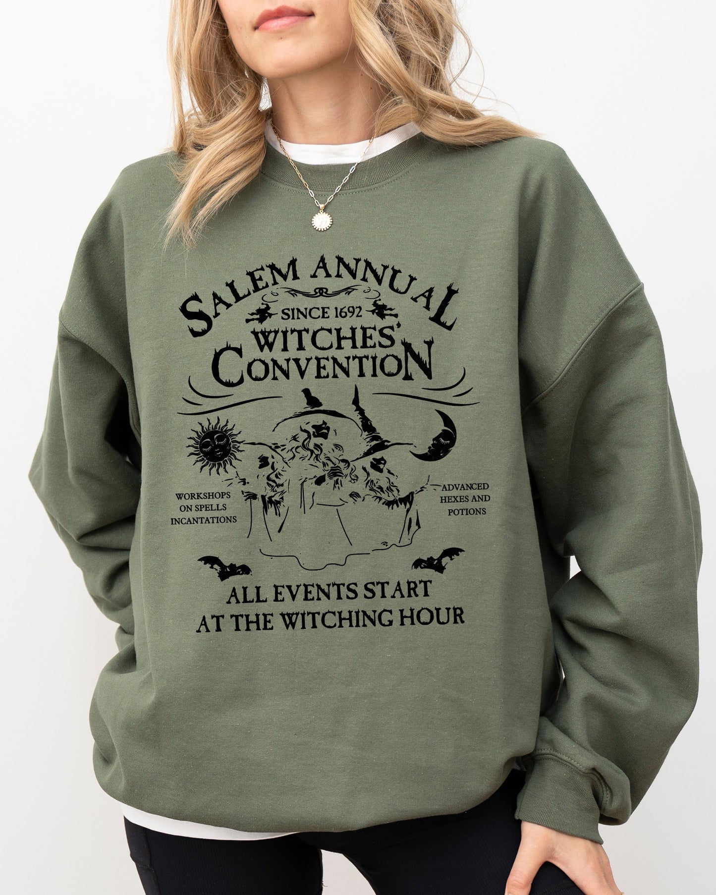Salem Annual Witches Convention Spooky Skeleton Ghost Witch Skull Meme Halloween Costume Sweatshirt - Military Green - Sweatshirt