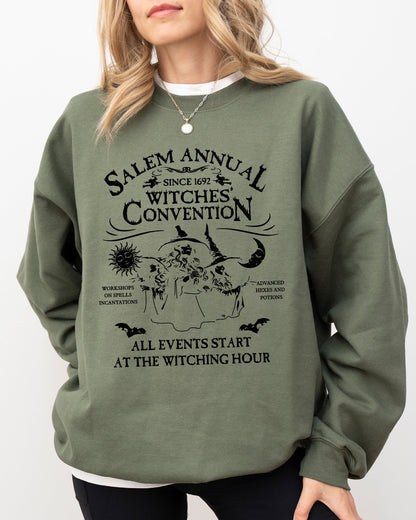 Salem Annual Witches Convention Spooky Skeleton Ghost Witch Skull Meme Halloween Costume Sweatshirt - Military Green - Sweatshirt
