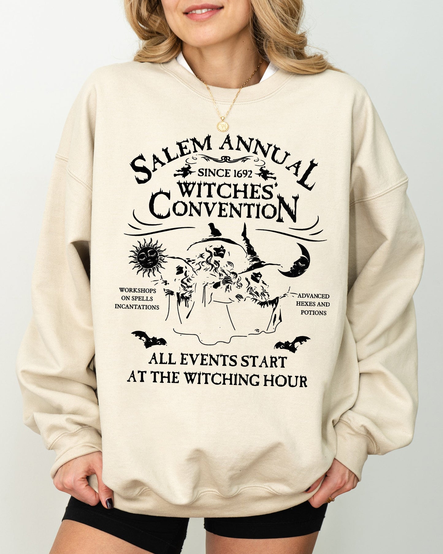 Salem Annual Witches Convention Spooky Skeleton Ghost Witch Skull Meme Halloween Costume Sweatshirt - Sand - Sweatshirt