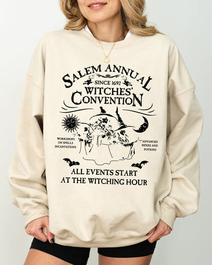 Salem Annual Witches Convention Spooky Skeleton Ghost Witch Skull Meme Halloween Costume Sweatshirt - Sand - Sweatshirt