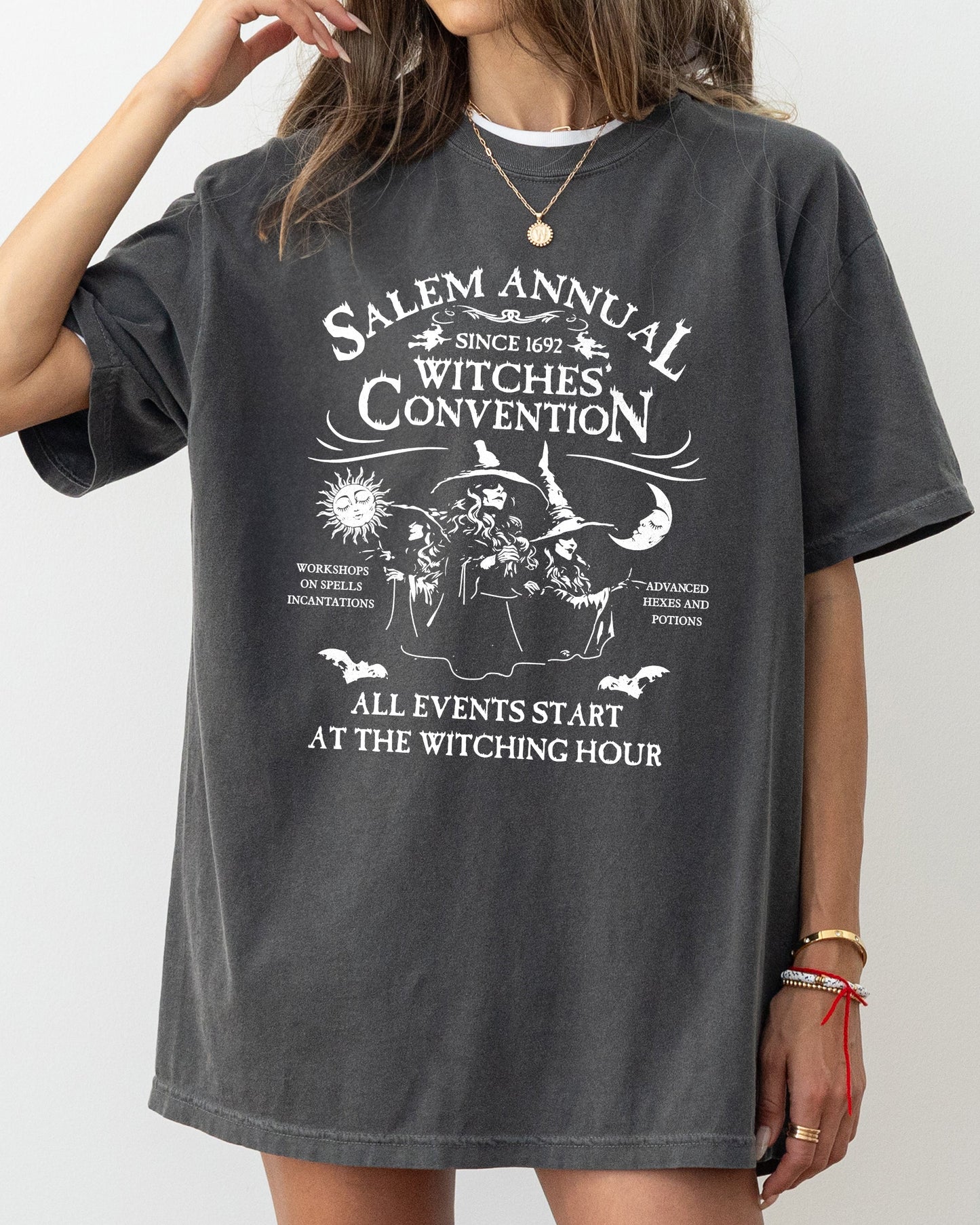 Salem Annual Witches Convention Spooky Skeleton Ghost Witch Skull Meme Halloween Costume Comfort Colors Tee - Pepper Dark Gray - T-Shirt