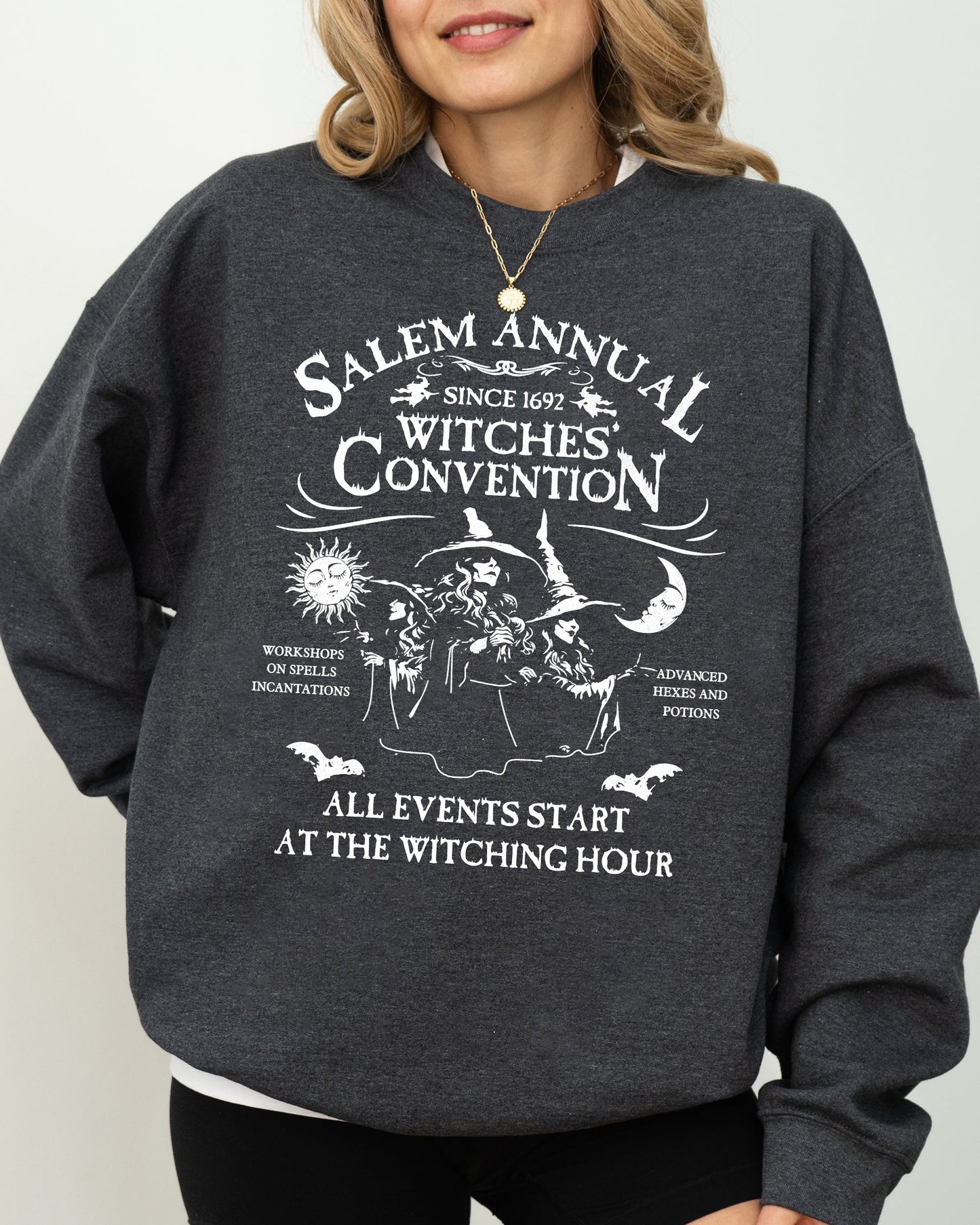 Salem Annual Witches Convention Spooky Skeleton Ghost Witch Skull Meme Halloween Costume Sweatshirt - - Sweatshirt