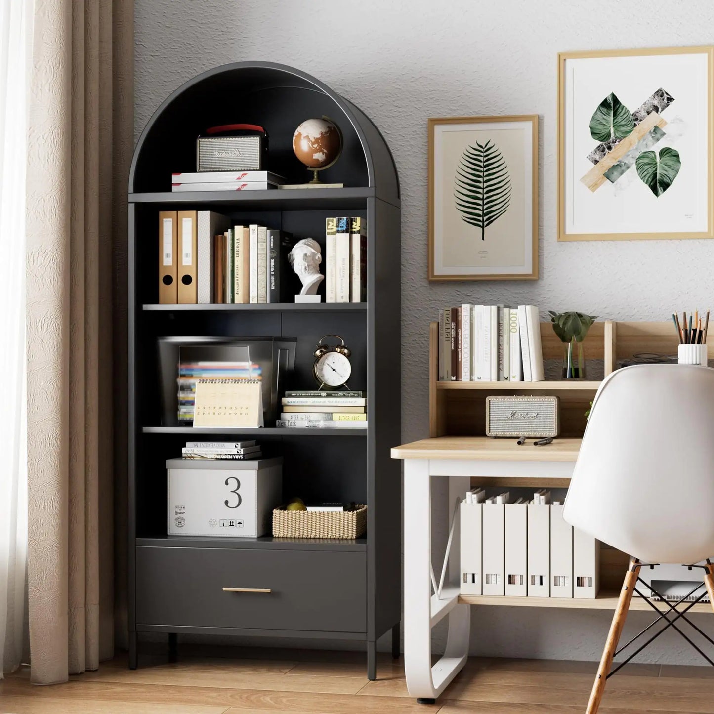 Black Metal Arched Bookshelf with Drawer - - Shelf
